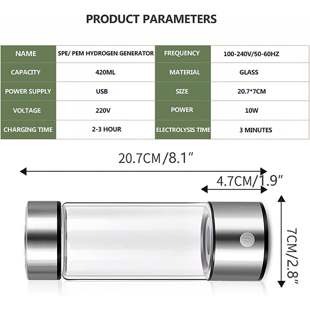 Hydrogen Water Bottle - 420ml Alkaline Water Generator