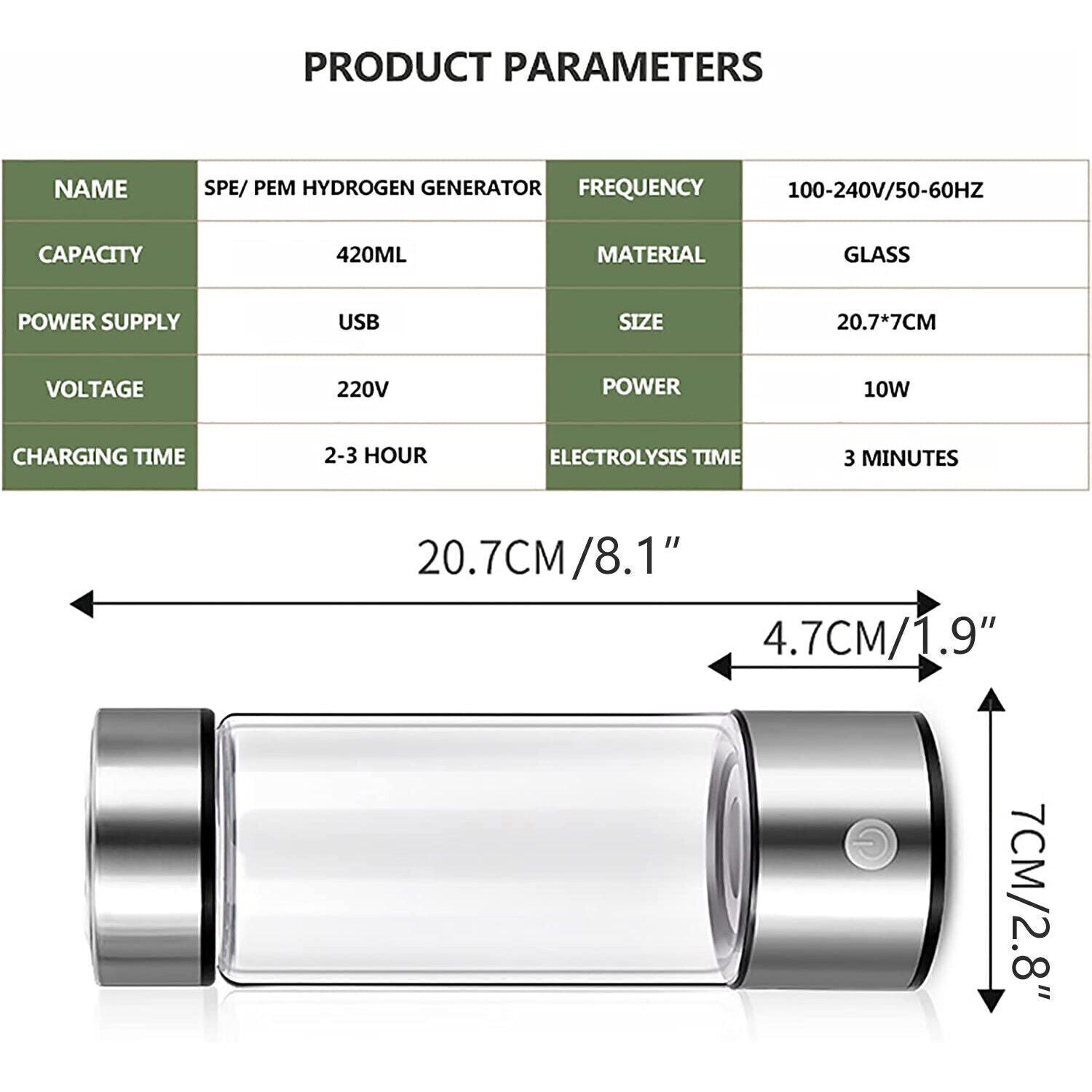 Hydrogen Water Bottle - 420ml Alkaline Water Generator