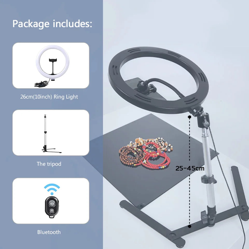 26CM Photography Lighting Vlog Youtube Fill Ring Light Lamp Live COOK Phone Ringlight Tripod Stand Photo Led Selfie Remote