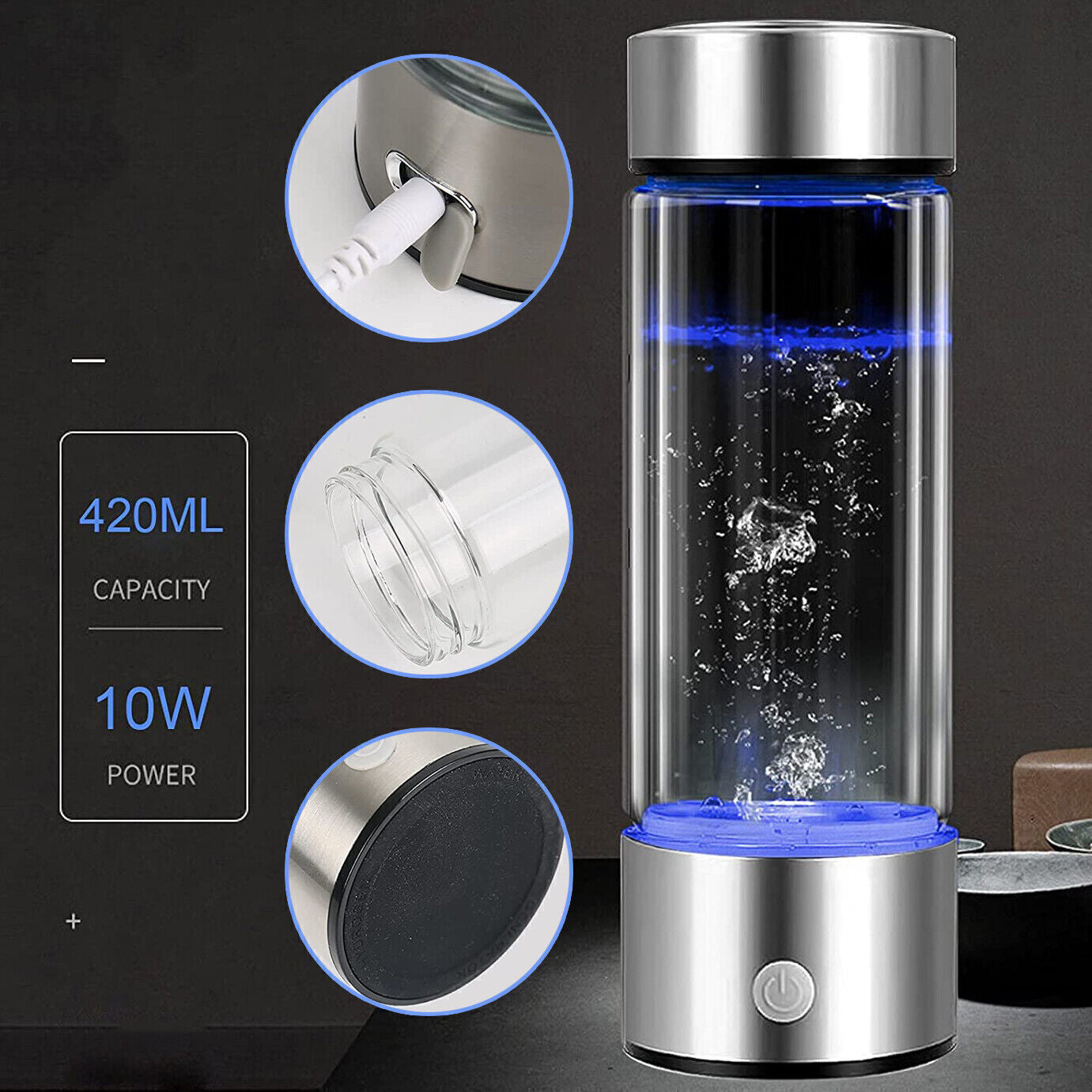 420ML Hydrogen-Rich Generator Alkaline Water Ionizer Bottle Cup Portable Maker