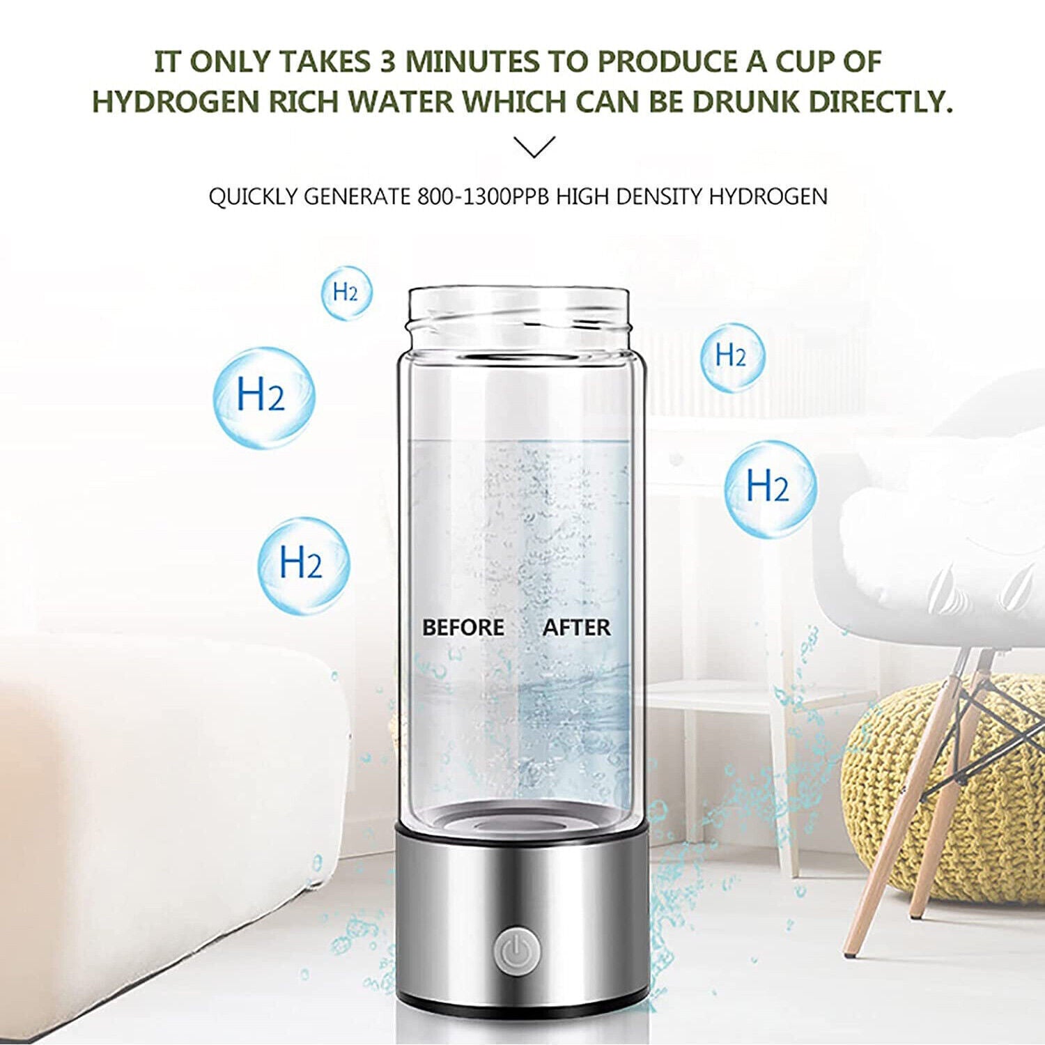 Hydrogen Water Bottle - 420ml Alkaline Water Generator