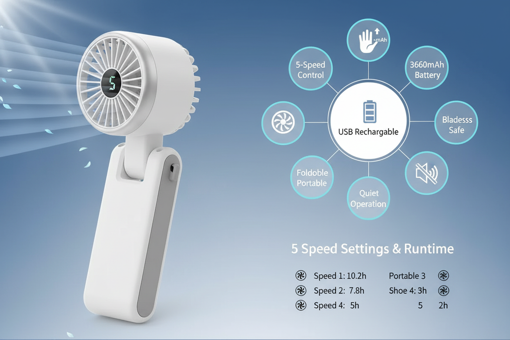 Portable Mini Handheld Fan - 5-Speed USB Rechargeable